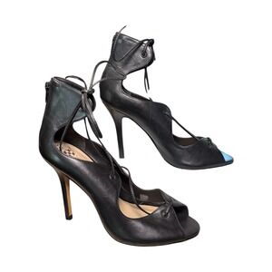 Vince Camuto Saraya Black Leather Lace Up Peep Toe Stiletto Heels Size 8.5M